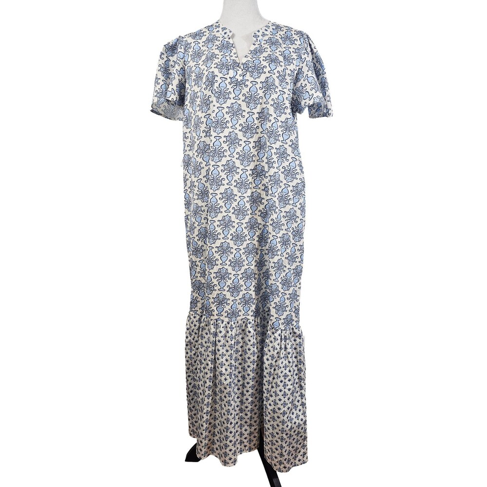 Magari Made in Italy Large Blue White Short Sleeve Maxi Dress Flounce Sleeve
